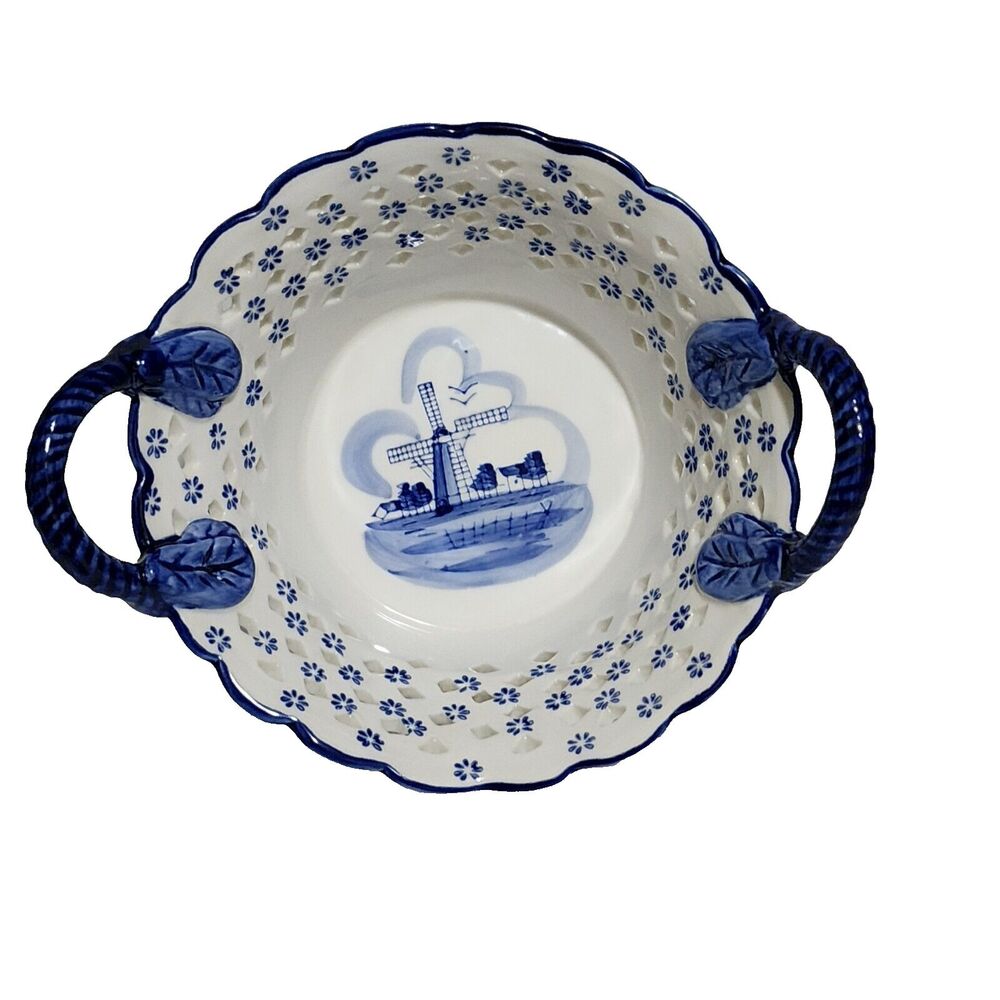 Blue White Pottery Reticulated Handpainted Candy Dish Windmill Delft Style China